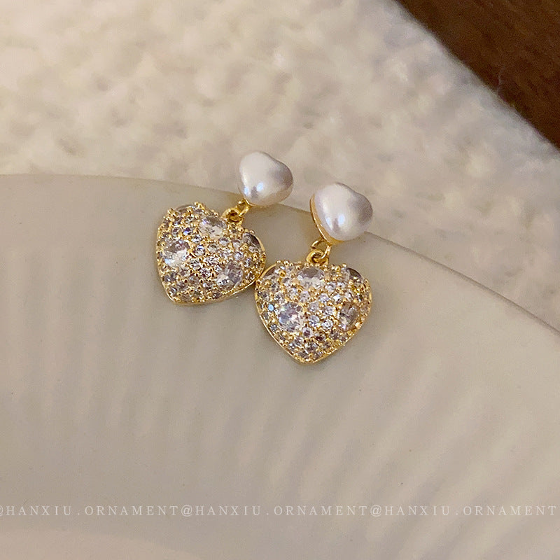 Silver Needle Zircon Pearl Earrings