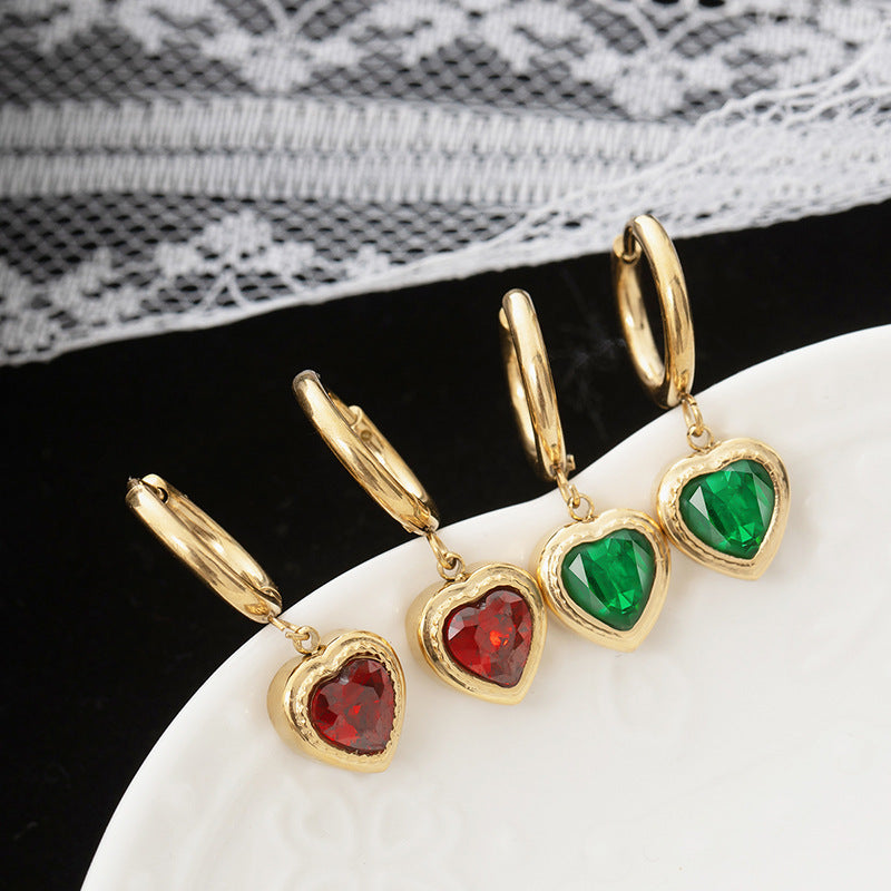 Green Zircon Stainless Steel Gold Plated Love Earrings