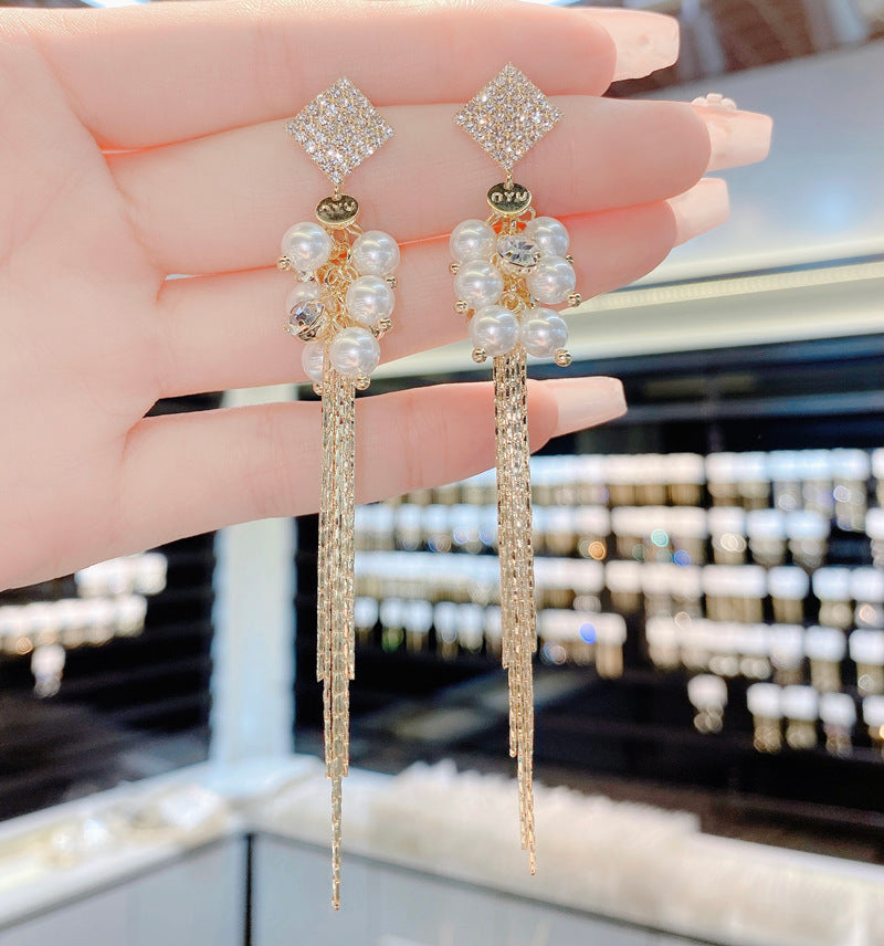 S925 Silver Micro-set Diamond Long Pearl Fringe Earrings