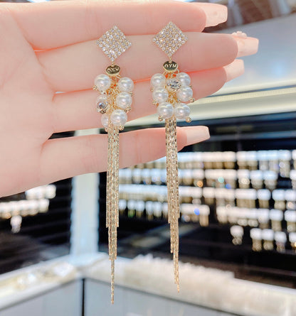 S925 Silver Micro-set Diamond Long Pearl Fringe Earrings