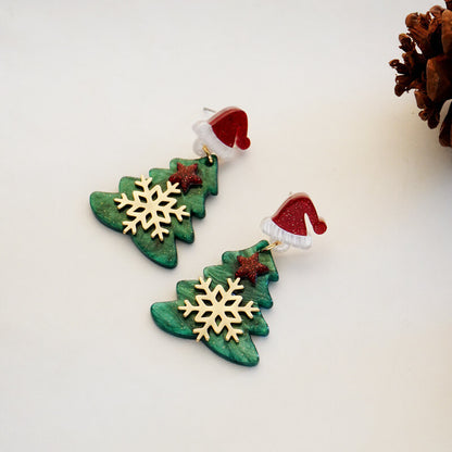 Christmas Tree Snowflake Santa Hat Star Stud Earrings