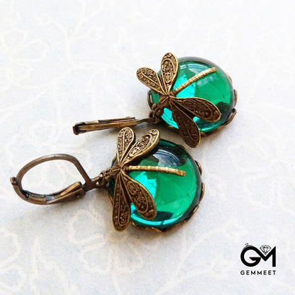 Vintage Green Dragonfly Crystal Earrings