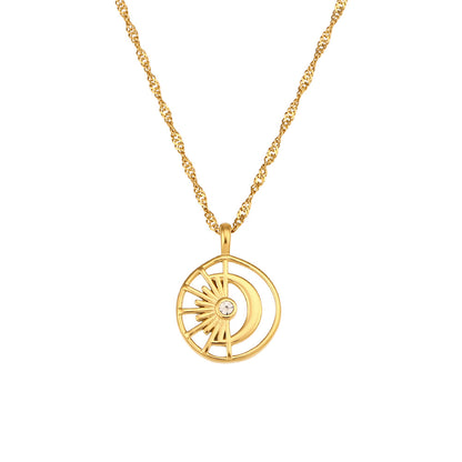 Stainless Steel Hollow Sun Moon Necklace