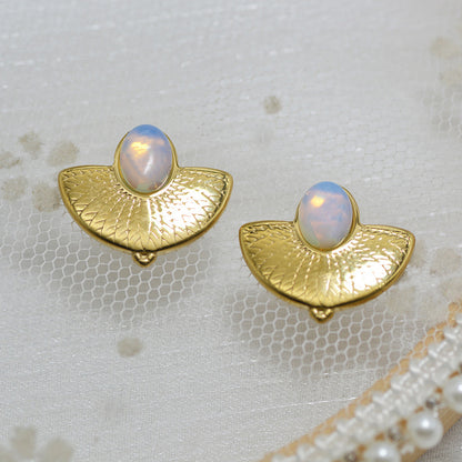 Oval White Stone Gold Stainless Steel Earrings