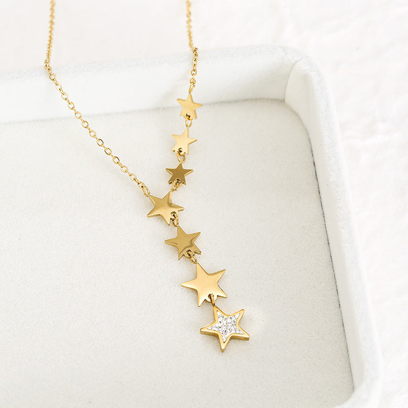 Gold Micro Diamond Six Stars Simple Titanium Steel Necklace
