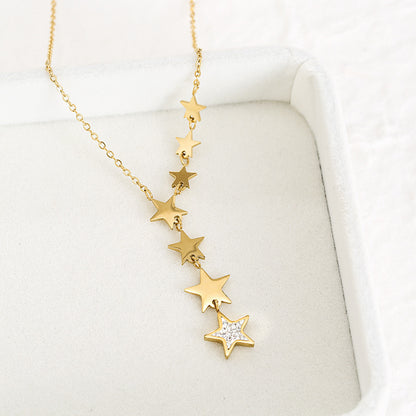 Gold Micro Diamond Six Stars Simple Titanium Steel Necklace