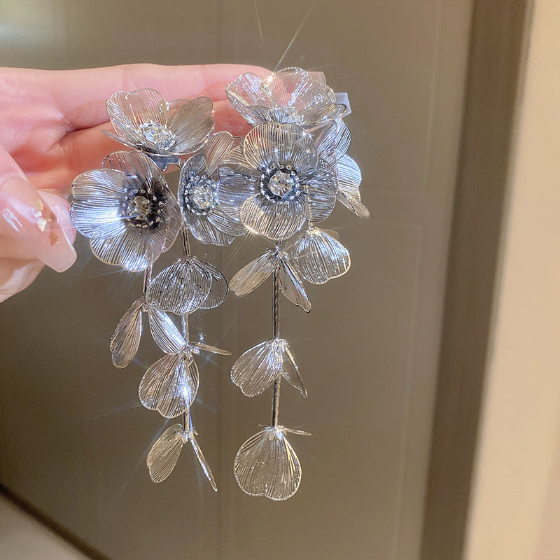 Stylish Long Tassel Earrings with Diamonds and Flowers
