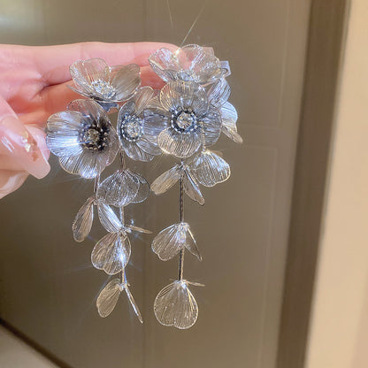Stylish Long Tassel Earrings with Diamonds and Flowers