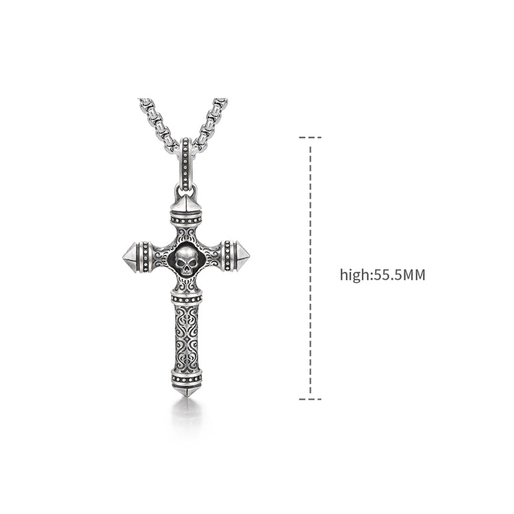 Sterling Silver Columnar Skull Cross Pendants Necklace