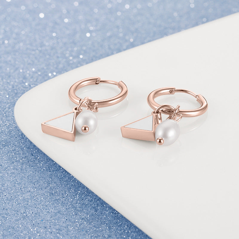 Simple Temperament Titanium Steel All-match Triangle Pearl Earrings