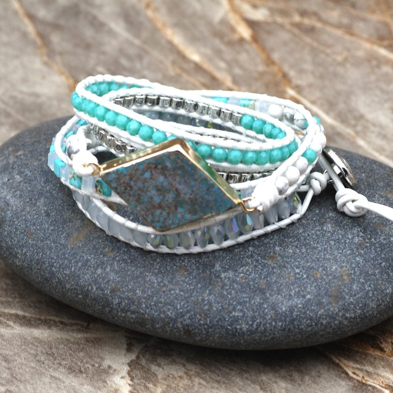 Rhombic Pendant Woven White Leather Bracelet