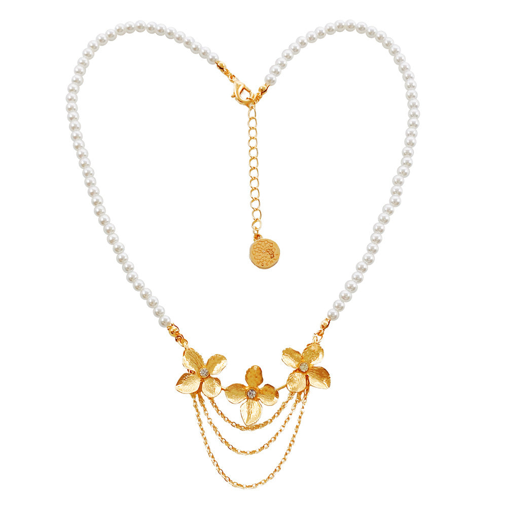 Metallic Microinlay Flower Pearl Necklace