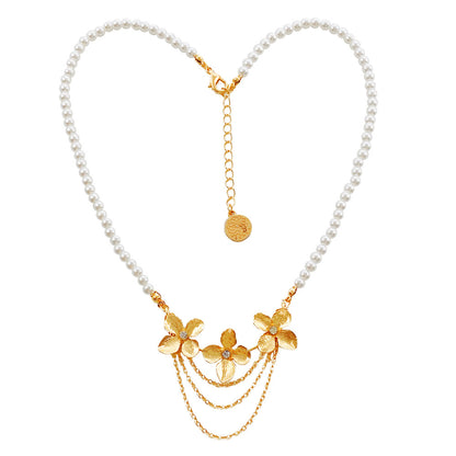 Metallic Microinlay Flower Pearl Necklace