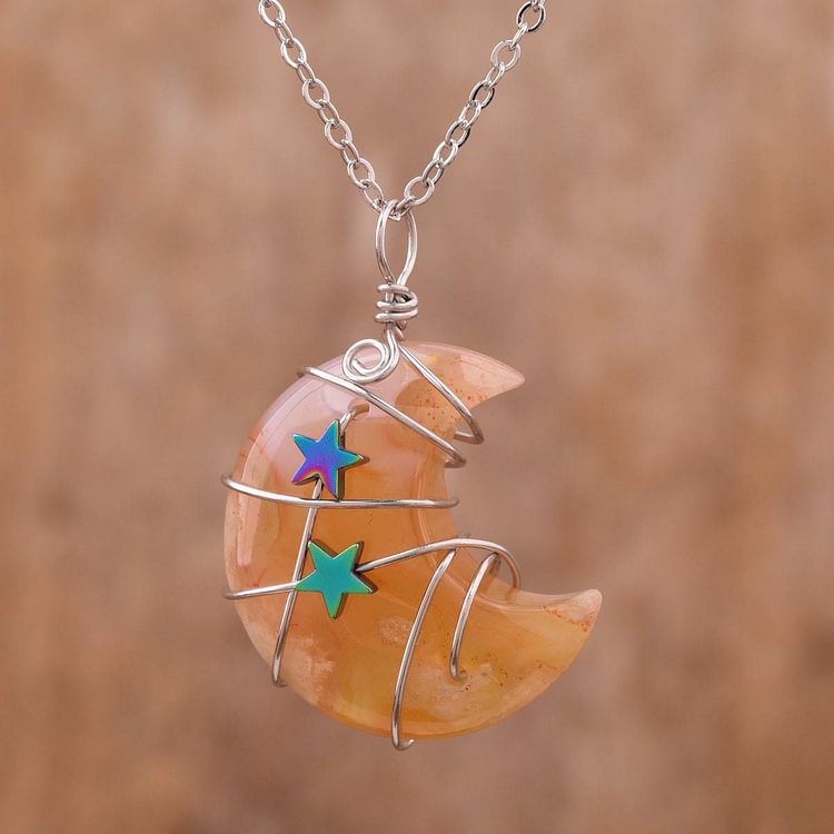 Quartz Crystal Moon Wire Wrapped Star Necklace