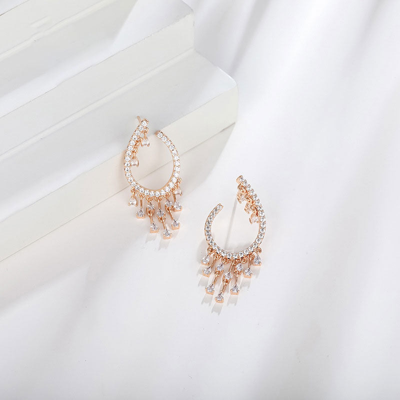Temperament Fairy Small Tassel Elegant Full-studded Zircon Earrings