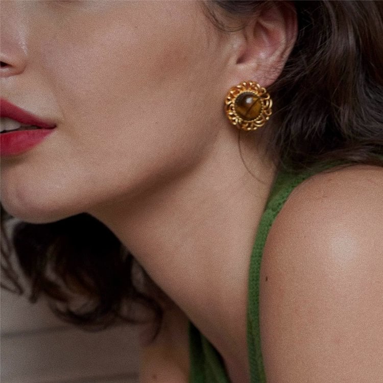 Tiger Eye Sunflower Golden Earrings