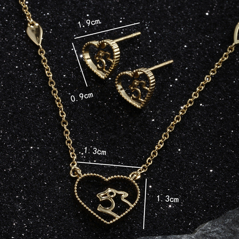K Gold-plated Hollow Heart Leopard Earrings Necklace Set