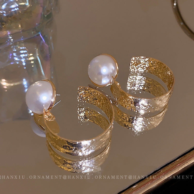 Silver Needle Pearl Metal Irregular Earrings