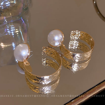 Silver Needle Pearl Metal Irregular Earrings