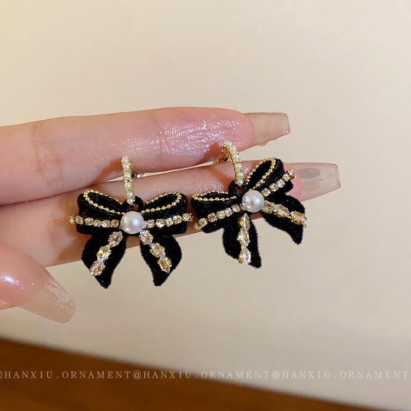 Silver Needle Zircon Bow Pearl Earrings