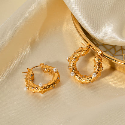 Gold Stainless Steel Hammer Cubic Zirconium Earrings