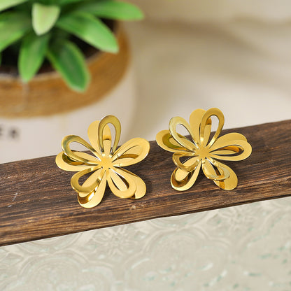 Gold Flower Hollow Titanium Steel Earrings