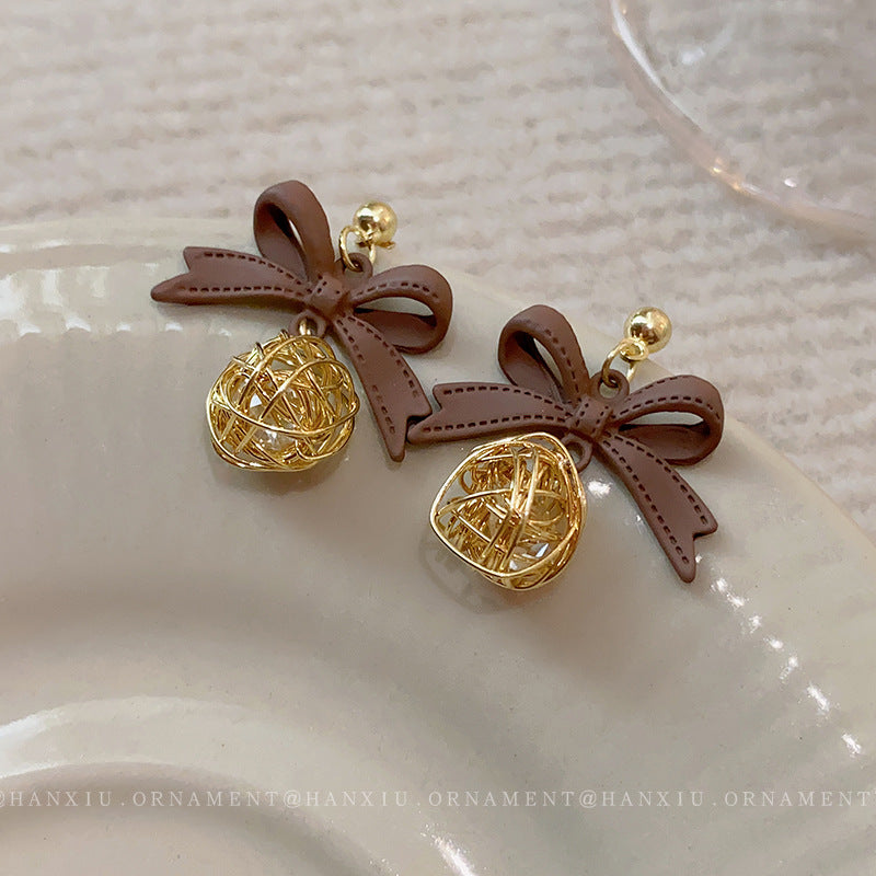 Silver Needle Wrapped Round Ball Bow Earrings