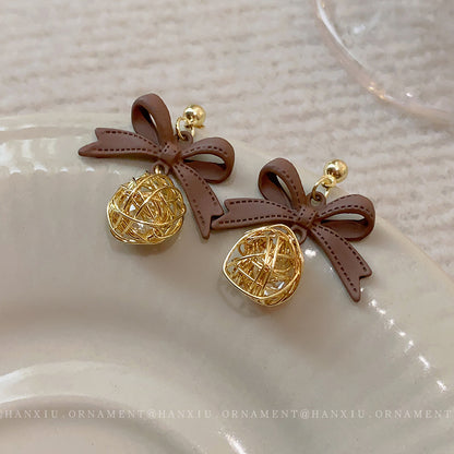 Silver Needle Wrapped Round Ball Bow Earrings