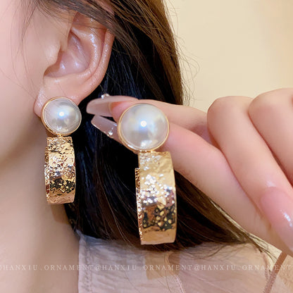 Silver Needle Pearl Metal Irregular Earrings