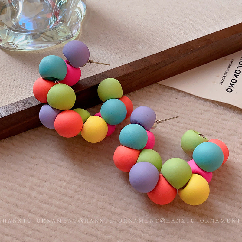 Silver Needle Candy-colored Round Pearl Earrings