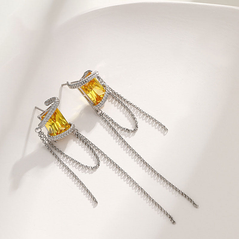 Square Zircon Bundle Long Tassel Chain Earrings for Women