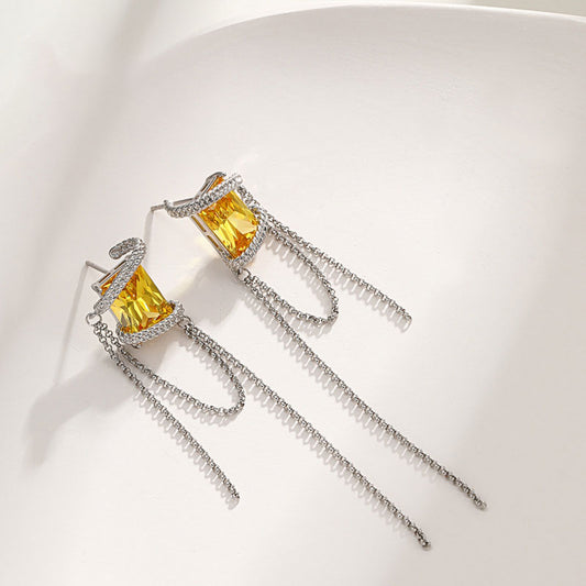 Square Zircon Bundle Long Tassel Chain Earrings for Women