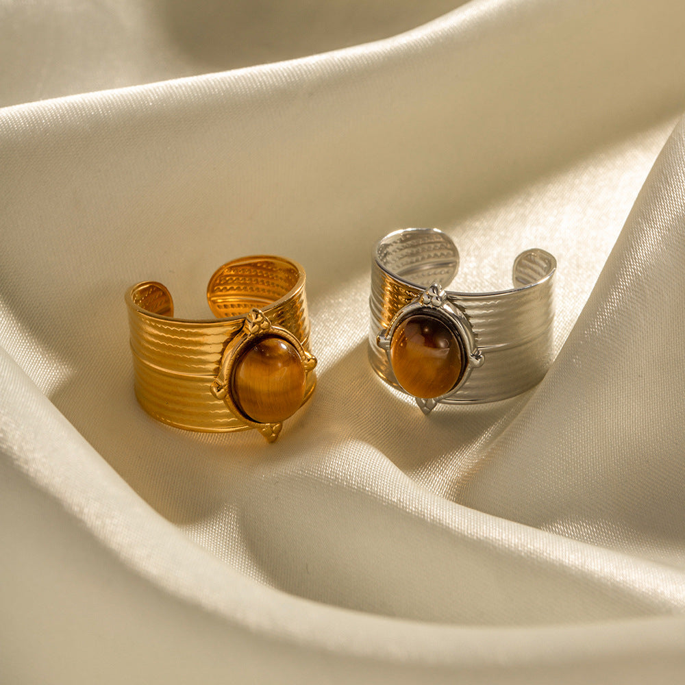 Natural Stone Wide Stainless Steel Opening Ring