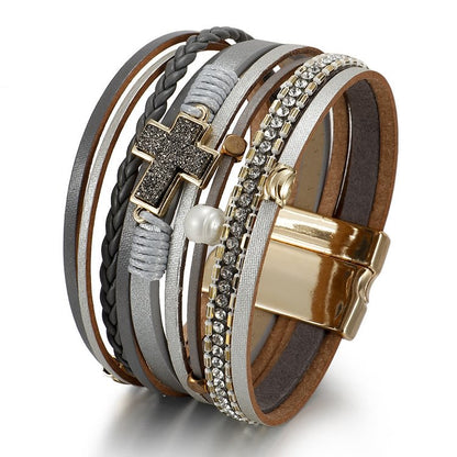 Zircon Pearl Cross Accessory Multi-Layered Leather Bracelet