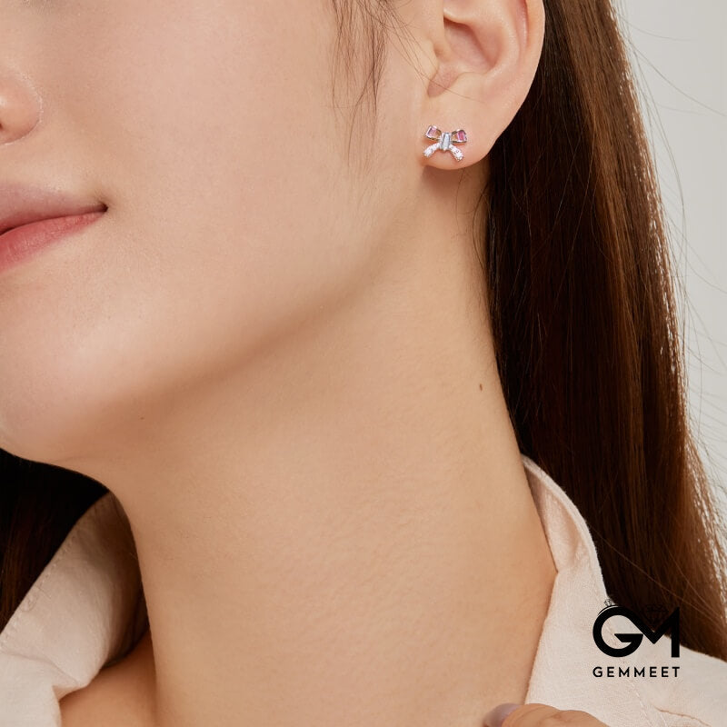 S925 Sterling Silver Color Rectangular Zircon Bow Earrings