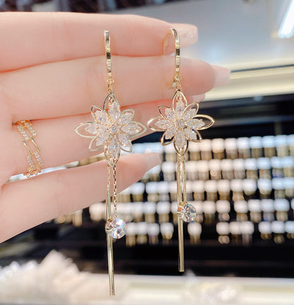 Temperament Flower Long Tassel S925 Silver Needle Earrings