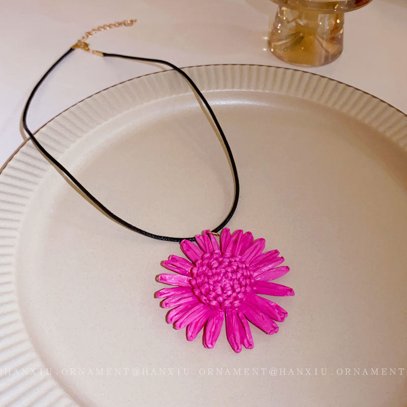 Laffia Flower Woven Rope Necklace