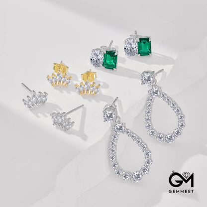 S925 Sterling Silver White Oval Green Rectangular Zircon Earrings