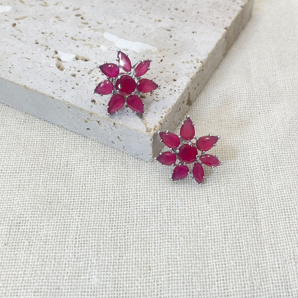 Seven Petal Pink Zircon Inlaid Stud Earrings
