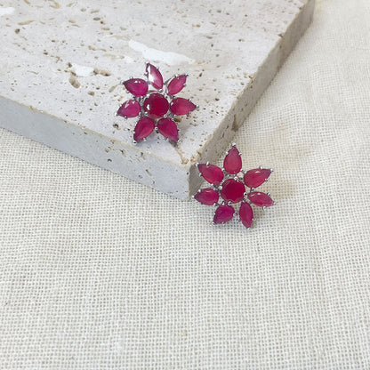Seven Petal Pink Zircon Inlaid Stud Earrings