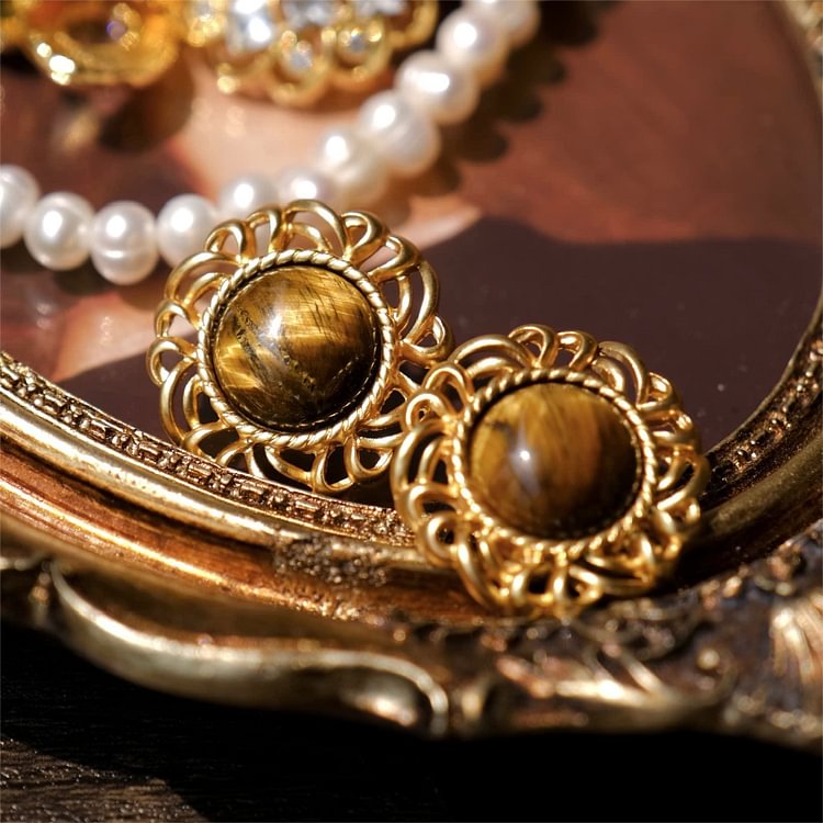 Tiger Eye Sunflower Golden Earrings