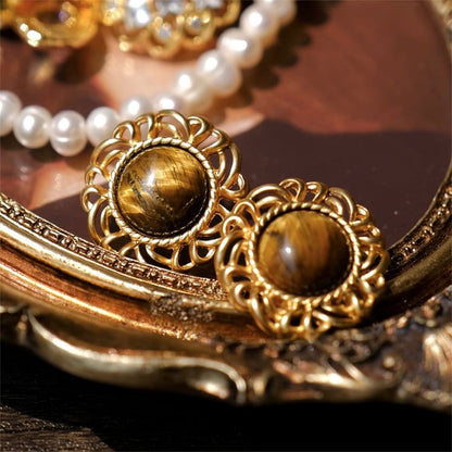 Tiger Eye Sunflower Golden Earrings