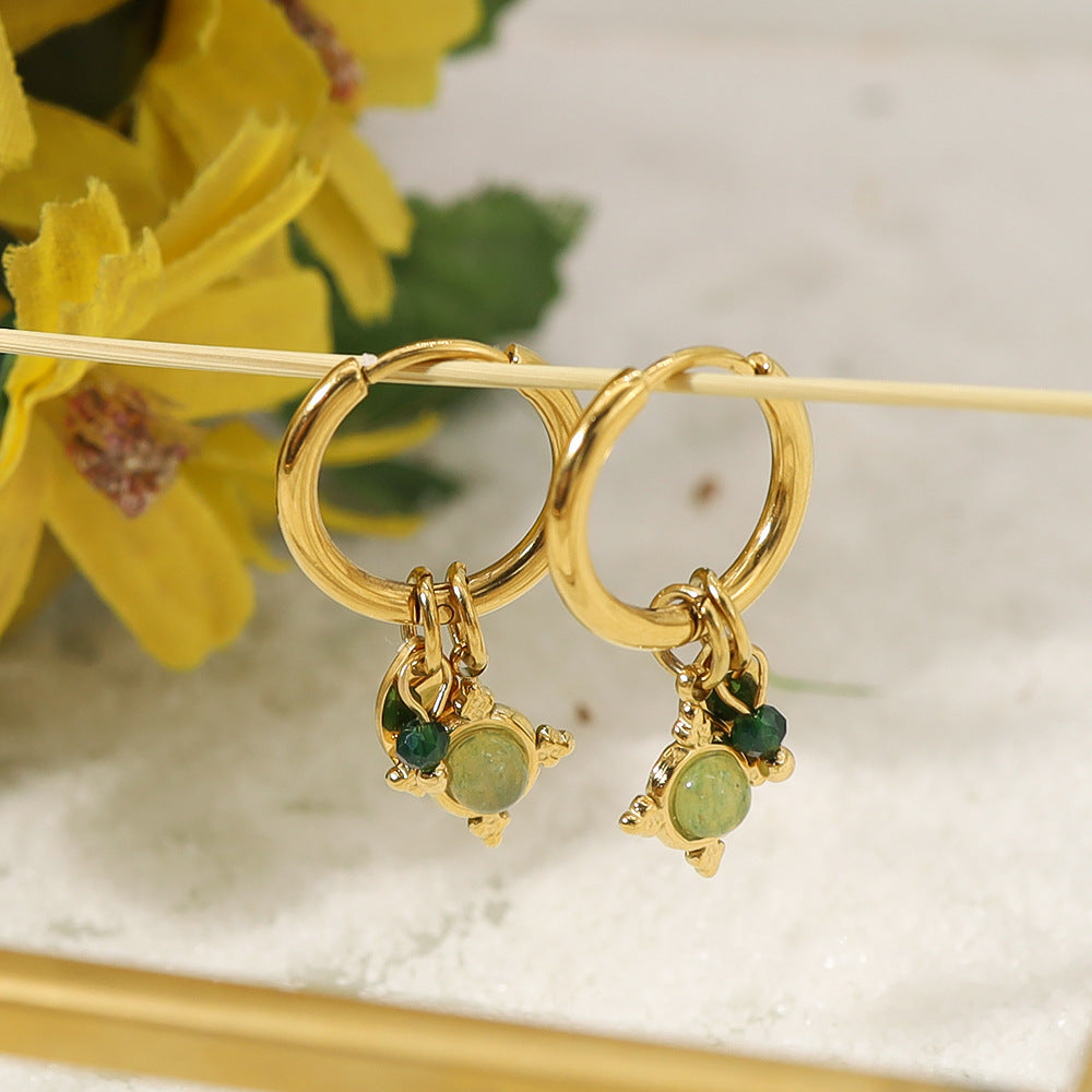 Green Stone Gold-plated Titanium Steel Earrings
