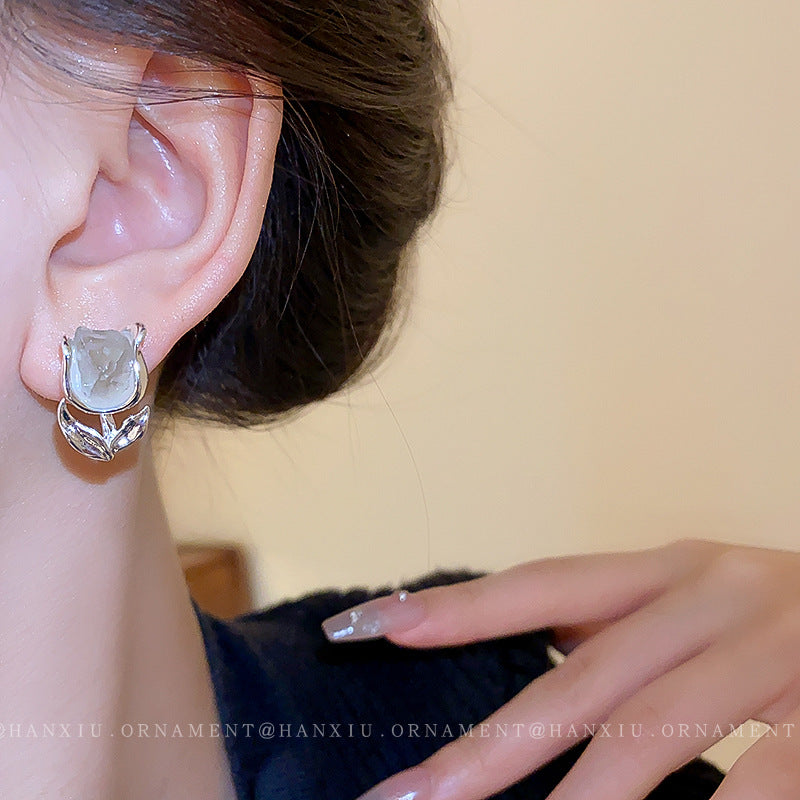 Silver Needle Flower Crystal Earrings