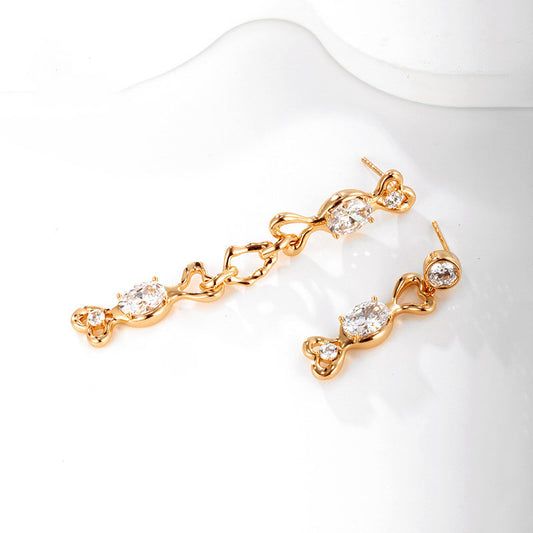 Micro-encrusted Zirconium Long Asymmetrical Earrings