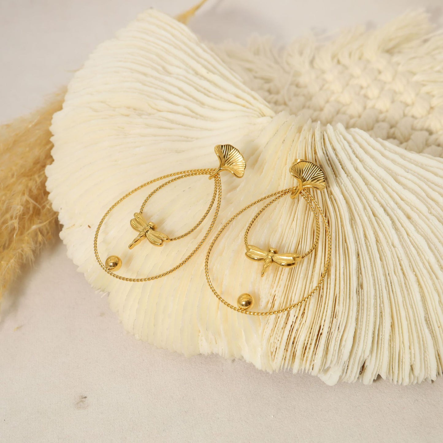 Dragonfly Gingko Drop Stainless Steel Earrings