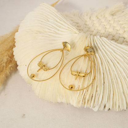 Dragonfly Gingko Drop Stainless Steel Earrings