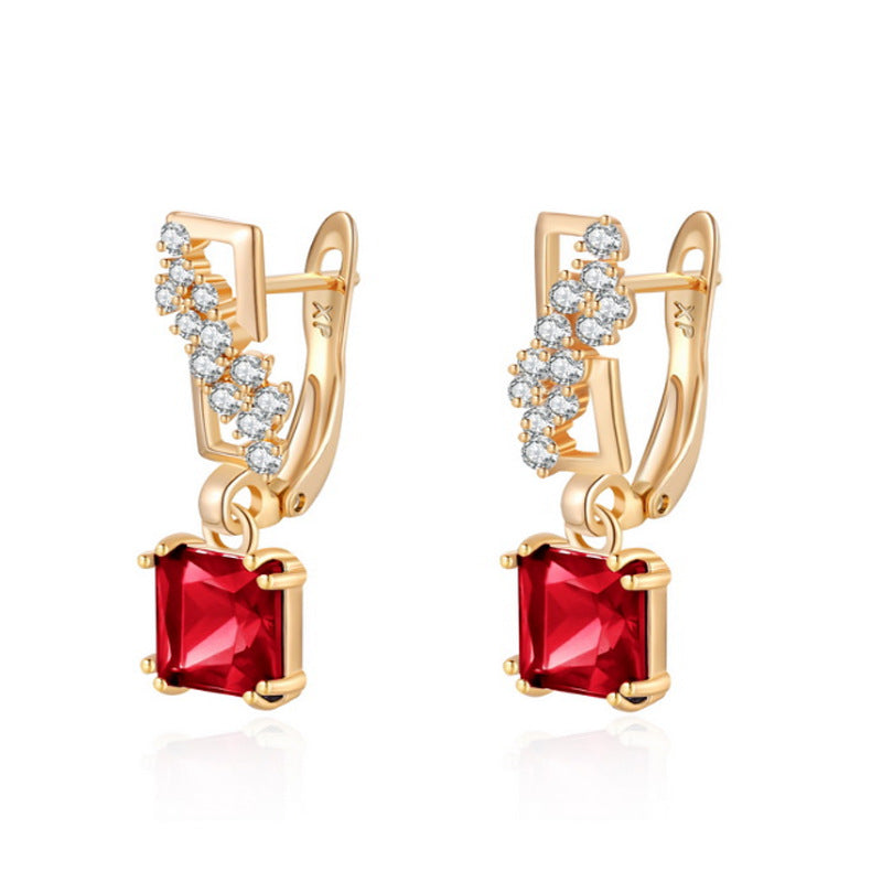 Simple Square Red Zirconium Earrings
