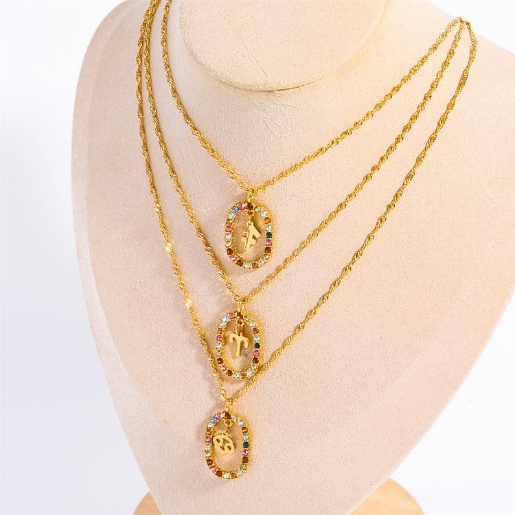 Zircon Openwork Oval Constellation Zodiac Necklace