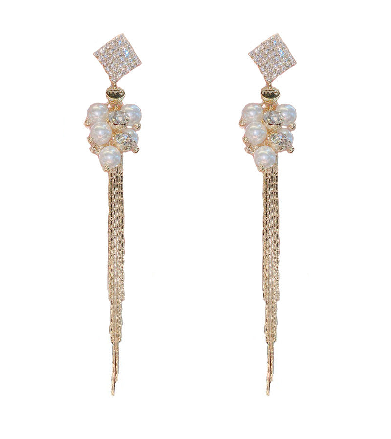S925 Silver Micro-set Diamond Long Pearl Fringe Earrings